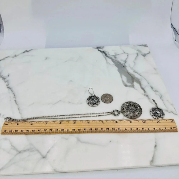 Marcasite Medallion Necklace and New Earrings Silver-tone Round Circle B… - Picture 9 of 11